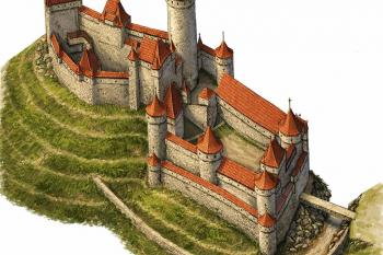 Hmotová rekonstrukce stavu hradu ve druhé polovině 15. století (AI podle © T. Durdík - Ilustrovaná encyklopedie českých hradů - Libri, Praha 2000)