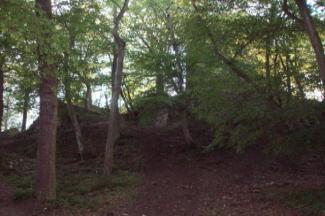 areál dolního hradu, je možné vidět bergfrit s příhrádkem a prostor vstupu do horního hradu (© Martin Lebeda, 07/2007)