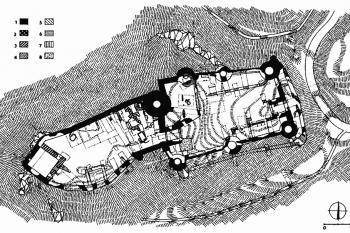 Půdorys hradu se zakreslenými sondami archeologického výzkumu ( © T. Durdík - Ilustrovaná encyklopedie českých hradů - Libri, Praha 2000)