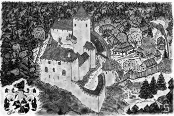 Valdek - Autorova vize hradu Valdeka v jeho možné vrcholné podobě s erbem Zajíců z Valdeka. (© Ladislav Kučera, 04/2010)