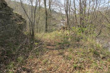 Západní parkán – vlevo plášťová zeď, vpravo linie parkánové zdi (© Dušan Dohňanský 04/2020)
