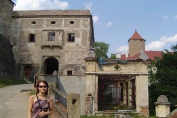 Jižní brána se zpustlým skleníkem, v pozadí břitová věž s hodinami (© Dalibor Král, 08/2006)