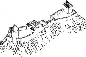 rekonstrukce podoby hradu na konci 13. století ( © P. Šimeček podle M. Plačka (in Libor Jan: Václav II. a struktury panovnické moci, Matice moravská v Brně, Brno 2006))