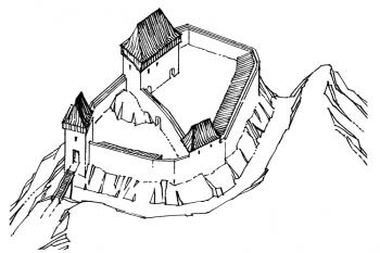 Akademická rekonstrukce hradu před opuštěním ( © M. Plaček (Ilustrovaná encyklopedie moravských hradů, hrádků a tvrzí, Dodatky 1, Libri, Praha 2007))