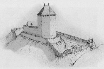 Rekonstrukce hradu Vikštejna pro dobu kolem roku 1350 (pohled na hrad od severovýchodu) ( © Rostislav Vojkovský (Vikštejn - 28. svazek vlastivědných průvodců „Putujeme po hradech a zámcích“- vydalo a vyrobilo nakladatelství a tiskárna Beatris, Dobrá – 2004))