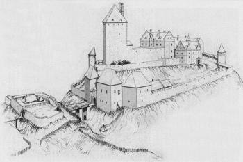 Rekonstrukce hradu a zámku Vikštejna pro dobu kolem roku 1620 (pohled od severozápadu) ( © Rostislav Vojkovský (Vikštejn - 28. svazek vlastivědných průvodců „Putujeme po hradech a zámcích“- vydalo a vyrobilo nakladatelství a tiskárna Beatris, Dobrá – 2004))