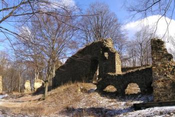 pohled od jihozápadu na velké předhradí se vstupní budovou (vlevo) a jádro hradu (vpravo) ( © Jan P. Štěpánek 02/2008)