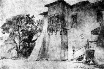 severovýchodní nároží s arkýřem ( © Andrzej Oleś, akvarel, 1921)