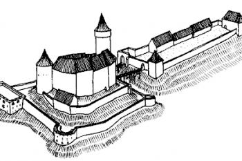 rekonstrukce hradu v pol. 16. století ( © Jan Salm (in Leksikon zamkow w Polsce, Arkady, Warszawa 2003))