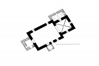 půdorys kostela ( © Ferdinand Vaněk, Karel Hostaš, František Adolf Borovský: Soupis památek historických a uměleckých v Království Českém, sv. 07 Politický okres klatovský, Archaelogická komise při České akademii císaře Františka Josefa pro vědy, slovesnost a umění, Praha)