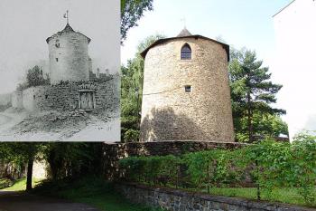 Štáflova bašta, čb fotografie je kopií kresby z expozice v interiéru bašty, autora Josefa Panušky  a pochází z roku 1905 ( © Roman Řezáč 06/2005)