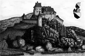 Zbořený Kostelec - Autorova vize hradu Zbořeného Kostelece v jeho možné vrcholné podobě s erbem Jana Sádla ze Smilkova. (© Ladislav Kučera, 07/2011)