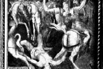 Mettius Suffetius trhán koňmi - detail z výzdoby kazetového stropu, 1578-81 ( © Milada Lejsková-Matyášová: Výjevy z římské historie v prostředí české renesance, Umění VIII/3, Ústav Dějin umění ČSAV, Praha 1960)