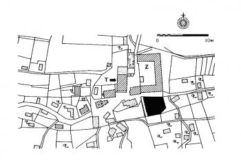 Katastrální mapa (Kolektiv, Encyklopedie českých tvrzí, Argo, 2000, str. 345)