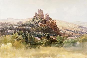celkový pohled na Lednické bradlo s hradem v čele od východu ( © Thomas Ender (1793 - 1875))