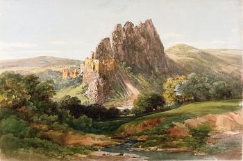 celkový pohled na Lednické bradlo s přistavěným středověkým hradem Lednica od severovýchodu ( © Thomas Ender (1793 - 1875))