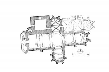 půdorys kostela podle D. Prixe (© Lucie Augustinková: Členění sakrálního interiéru tribunami, Svorník 6/2008, Sdružení pro stavebněhistorický průzkum a Národní Památkový ústav, Praha 2008)