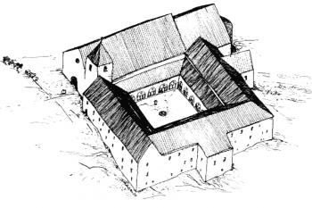 podoba kláštera před gotickou přestavbou, 14. století ( © Oliver Kálnassy (in Kroupa, Petr et al. Premonstrátský klášter v Louce: dějiny - umělecká výzdoba - ikonologie. Vyd. 1. Znojmo: Jihomoravské muzeum: Okresní úřad Znojmo, 1997))