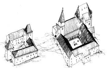 podoba kláštera na konci 15. století ( © Oliver Kálnassy (in Kroupa, Petr et al. Premonstrátský klášter v Louce: dějiny - umělecká výzdoba - ikonologie. Vyd. 1. Znojmo: Jihomoravské muzeum: Okresní úřad Znojmo, 1997))