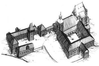 podoba kláštera v renesanci, 16. století ( © Oliver Kálnassy (in Kroupa, Petr et al. Premonstrátský klášter v Louce: dějiny - umělecká výzdoba - ikonologie. Vyd. 1. Znojmo: Jihomoravské muzeum: Okresní úřad Znojmo, 1997))