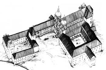 podoba kláštera na začátku 18. století ( © Oliver Kálnassy (in Kroupa, Petr et al. Premonstrátský klášter v Louce: dějiny - umělecká výzdoba - ikonologie. Vyd. 1. Znojmo: Jihomoravské muzeum: Okresní úřad Znojmo, 1997))