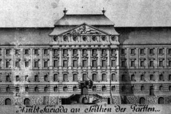 F. A. Pilgram - fasáda východního traktu ( © Kroupa, Petr et al. Premonstrátský klášter v Louce: dějiny - umělecká výzdoba - ikonologie. Vyd. 1. Znojmo: Jihomoravské muzeum: Okresní úřad Znojmo, 1997)