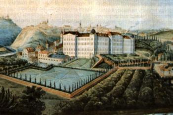 klášter po r. 1850 na akvarelu W. Doderera ( © Kroupa, Petr et al. Premonstrátský klášter v Louce: dějiny - umělecká výzdoba - ikonologie. Vyd. 1. Znojmo: Jihomoravské muzeum: Okresní úřad Znojmo, 1997)