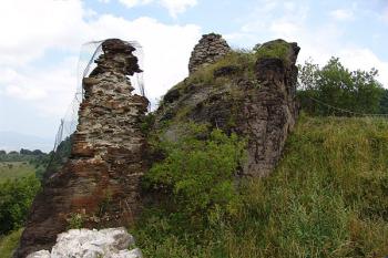 Zbytek hradby a za ní bašty ( © Roman Řezáč 08/2005)