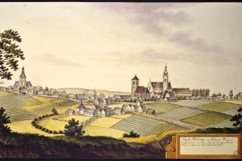 Zámek a městečko na obr. I.A.Venuta z roku 1809 (© Ing. Karel Kubín, 09/2017)