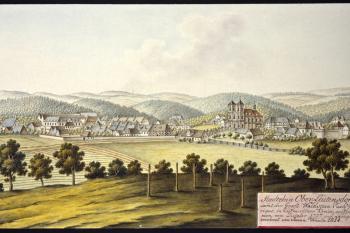 Město a zámek na obraze I.A.Venuta z roku 1814 (© Ing. Karel Kubín, 09/2017)