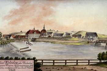 Zámek na obr. J. A. Venuta z r. 1815 (© Veselý, Aleš (ed.): Jan Antonín Venuto a jeho dílo, Galerie výtvarného umění v Havlíčkově Brodě, Havlíčkův Brod 2018)