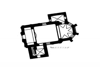 půdorys kostela (© Antonín Podlaha: Soupis památek historických a uměleckých v Království Českém, sv. 24 Politický okres českobrodský, Archaelogická komise při České akademii císaře Františka Josefa pro vědy, slovesnost a umění, Praha 1907)
