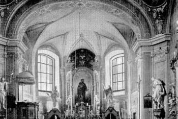 pohled do presbytáře na počátku 20. století (© Antonín Podlaha: Soupis památek historických a uměleckých v Království Českém, sv. 24 Politický okres českobrodský, Archaelogická komise při České akademii císaře Františka Josefa pro vědy, slovesnost a umění, Praha 1907)