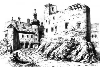 severovýchodní strana hradní ruiny, kresba V. Miškovského, 1877 (© Balega, Alexander, ed.: Viktor Miškovský a súčasná ochrana pamiatok v strednej Európe, Pamiatkový ústav Bratislava, Bratislava 1999)