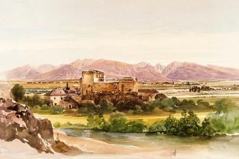 Pohled na hrad a zámek v Liptovském Hrádku na pozadí Vysokých Tater ( © Thomas Ender (1793-1875))