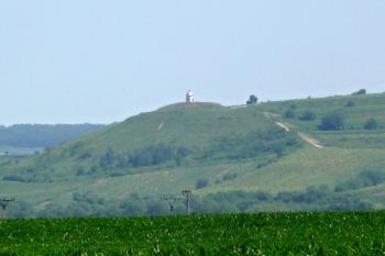 cekový pohled na pahorek tvrziště s kapličkou a okolní vinice od jihu ( © Jan P. Štěpánek 10/2010)