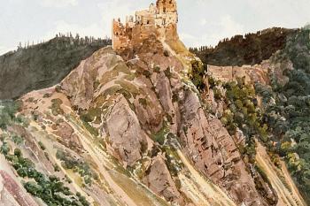 pohled na skalní bradlo se zříceninou hradu od jihozápadu ( © Thomas Ender (1793 - 1875))