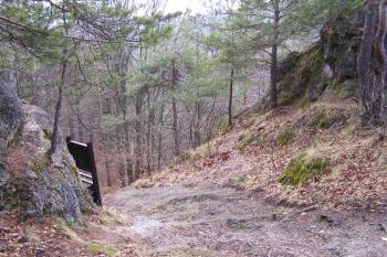 pohled z prvního předhradí na prostor první brány mezi dvěmi skalisky ( © Jan P. Štěpánek 02/2008)