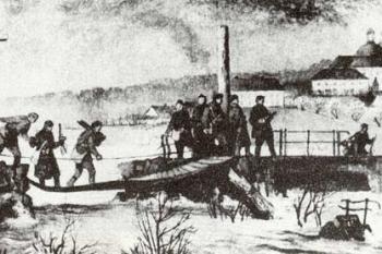 Rudá armáda přechází 2.5.1945 v Šenově přes most vyhozený německými fašisty – v pozadí pak kostel Prozřetelnosti Boží (kresba národního umělce V.Wunscheho) ( © Ludvík Tvrdý, 700 let Šenova (Místní národní výbor v Šenově u Ostravy 1986))