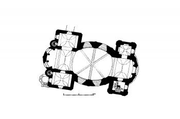 půdorys kostela ( © Otakar Kuča, v archivu Ústavu dějin architektury ČVUT (in Otakar Kuča: Pozdně barokní oválný prostor kostela v Šenově, Umění, roč. V, čís. 4, Nakladatelství ČSAV, Praha 1957))