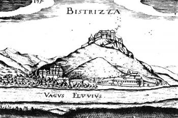 Považský hrad s obcí Považské Podhradie, kde jsou situovány Starší a Nový zámek, na kresbě z roku 1676 ( © M. Plaček, M. Bóna: Encyklopedie slovenských hradů, Libri, Praha 2007)