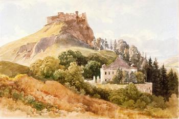 ruina Považského hradu se Starším zámkem v Podhradí v polovině 19. století ( © Thomas Ender (1793 - 1875))