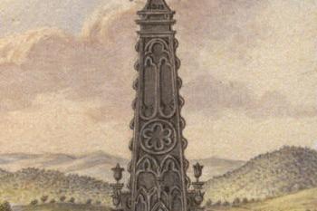 původní podoba pomníku na výřezu z veduty Jana Antonína Venuta z roku 1821 (© Venuto, Jan Antonín a Veselý, Aleš: Jan Antonín Venuto a jeho dílo, Galerie výtvarného umění v Havlíčkově Brodě, Havlíčkův Brod 2018)