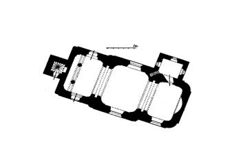 půdorys kostela ( © Josef Vítězslav Šimák: Soupis památek historických a uměleckých v Království Českém, sv. 46 Politický okres mnichovohradišťský, Archaelogická komise při České akademii věd a umění, Praha 1930)