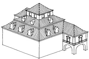podoba zámku po barokní přestavbě ( © E. Výletová, P. Kroupa: Zámecký areál v Pyšelích (in Průzkumy památek II/1995, PÚSČ Praha, 1995))