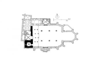 půdorys kostela v úrovni přízemí ( © Petr Uličný: Kostel sv. Jakuba v Jičíně a jeho příspěvek k architektuře kolem roku 1400, Průzkumy památek 2005/II, Památkový ústav středních Čech, Praha 2005)