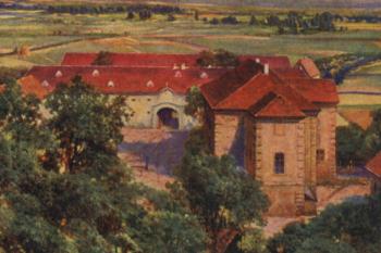 zámek z kostelní věže na pohlednici z 30. let 20. století (© Aleš Novák: Neratovice a okolí na starých pohlednicích, Baron, Hostivice 2007)