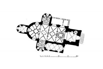 půdorys kostela (© MENCL, Jaroslav a Musejní spolek v Jičíně. Historická topografie města Jičína: dějiny Jičína, Část II. V Jičíně: Nákladem Musejního spolku, 1949, s. 358. Dostupné také z: https://kramerius.svkhk.cz/uuid/uuid:ffe52fa4-5ad2-11e5-bbd5-00155d010f03)