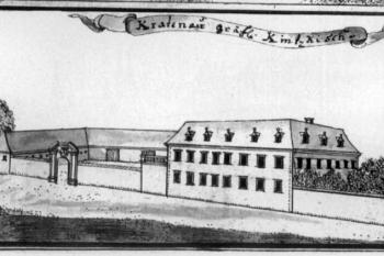 zámek od jihozápadu na vedutě Friedricha Bernharda Wernera (© Marsch, Angelika a Werner, Bedřich Bernard: Friedrich Bernhard Werner: 1690-1776: Corpus seiner europäischen Städteansichten, illustrierten Reisemanuskripte und der Topographien von Schlesien und Böhmen-Mähren; Anton H. Konrad Verlag, Weißenhorn 2010)