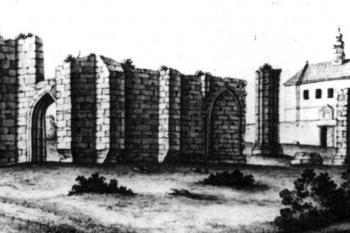 ještě na počátku 19. století stála velká část konventního kostela ( © A. Pařízek, 1807 (in Charvátová, Kateřina. Dějiny cisterckého řádu v Čechách 1142-1420. 2. svazek, Kláštery založené ve 13. a 14. století. Vyd. 1. Praha: Karolinum, 2002))